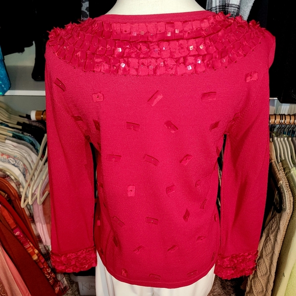 ANN TRINITY ♡ Gorgeous Red Ribbon Sequin Embellished Bling Button Front Blouse M - Picture 7 of 17